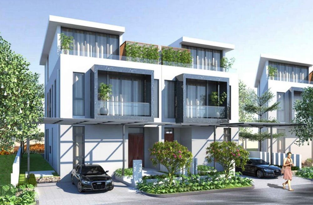 Bán biệt thự song lập hướng Tây xây thô mặt trong 3 tầng 1 tum - MT: 5m Eldora Riverside Hữu Lũng